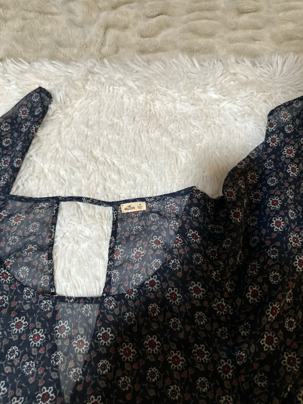 Hollister Navy Sheer Floral Blouse with Red Accents